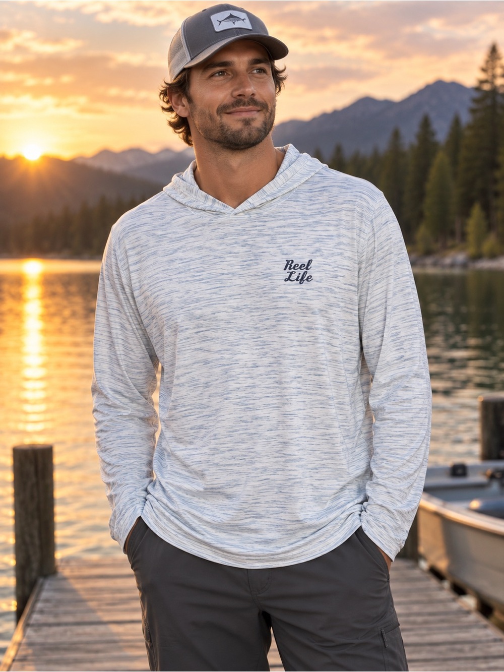 Reel Life Men’s XXL Performance Fishing Hoodie Mountain Lake Graphic White Blue